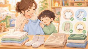 感覚過敏の子どもが肌にやさしい服を親子で選ぶイラスト