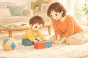 絵本やボールのある部屋で、積み木遊びを楽しむ幼い子どもと母親