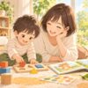 3歳の子どもが母親とパズル・積み木・絵本などの知育遊びを楽しむイラスト