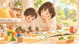 3歳の子どもが母親とパズル・積み木・絵本などの知育遊びを楽しむイラスト