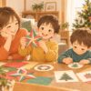 手作りの星飾りを見せる子どもと、紙に絵を描く子どもを笑顔で見守る母親