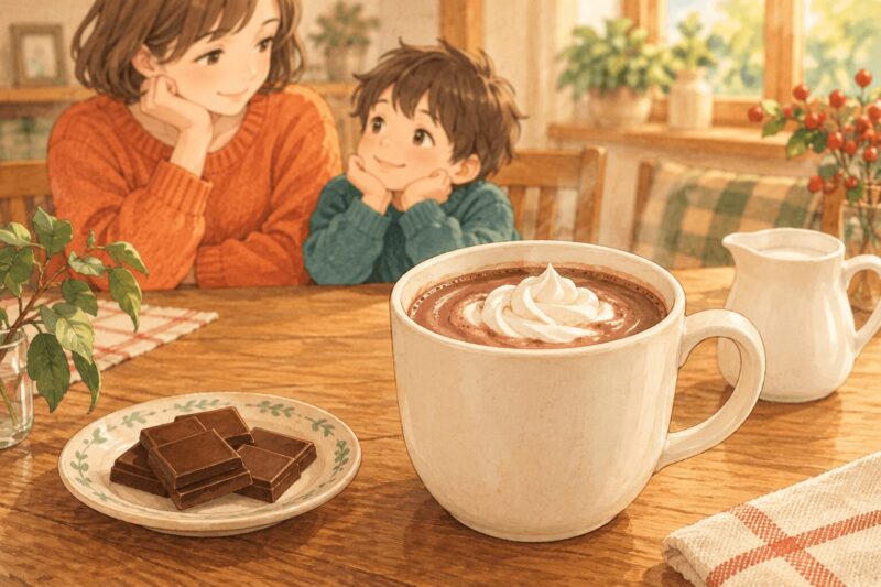 ホイップクリームをのせたホットチョコレートと、材料のチョコレートや牛乳