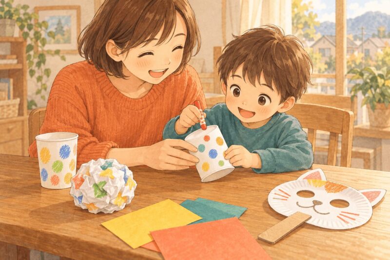 母親に紙コップを支えてもらいながら、クレヨンで模様を描く子ども