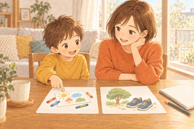 お絵描きと散歩の絵を見比べ、母親と相談しながら遊びを選ぶ子ども