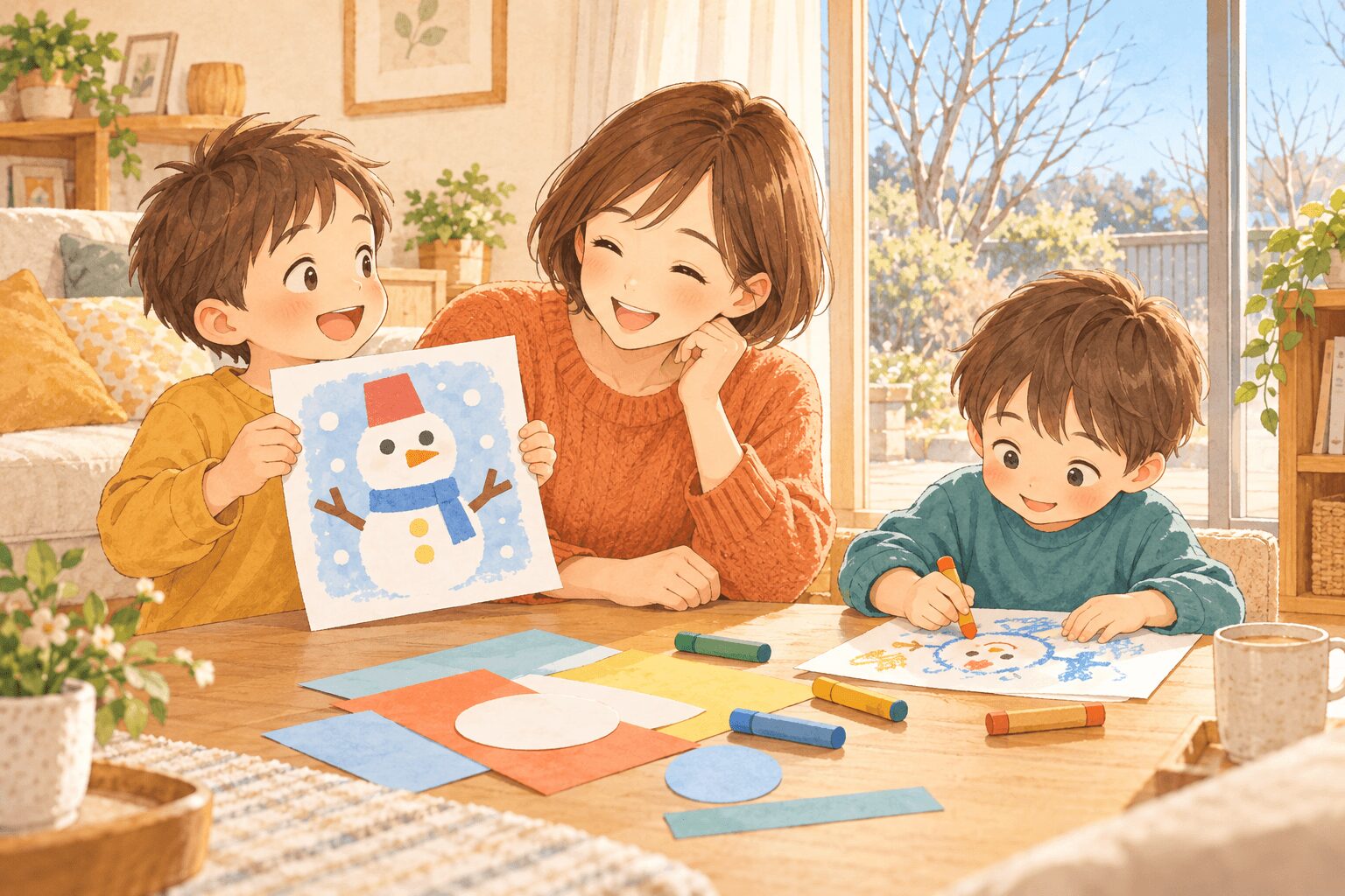 雪だるまの作品を見せる子どもと、お絵描きする子どもを笑顔で見守る母親