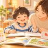 家庭学習が続くように母親と短時間学習に取り組む男の子のイラスト
