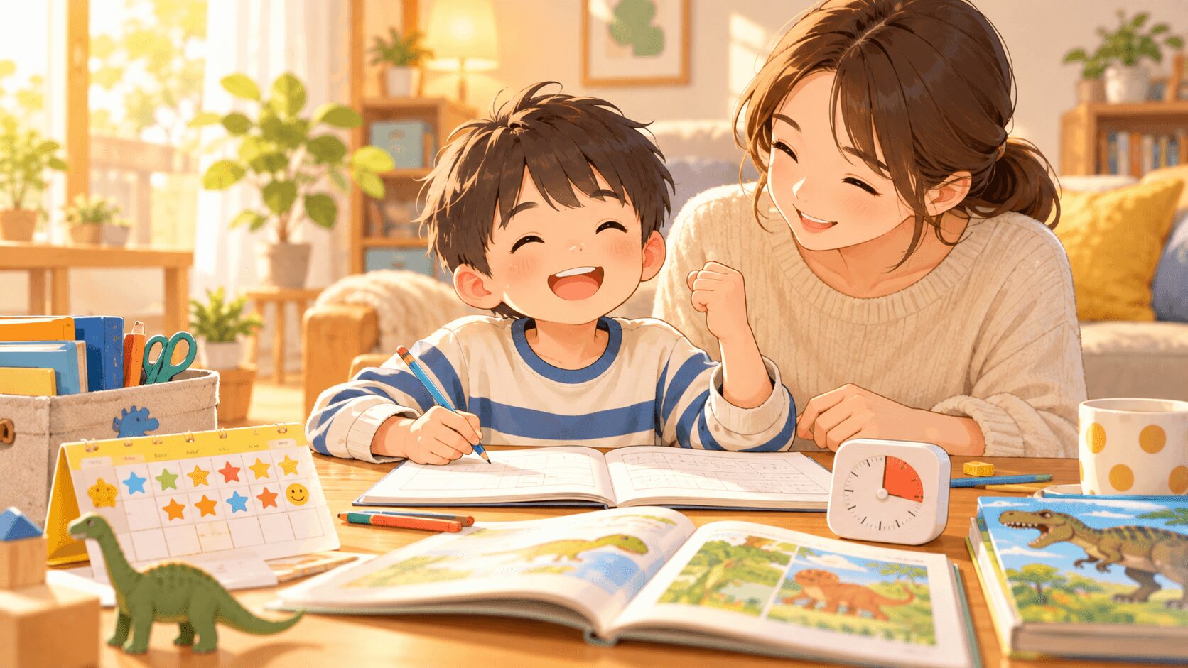 家庭学習が続くように母親と短時間学習に取り組む男の子のイラスト