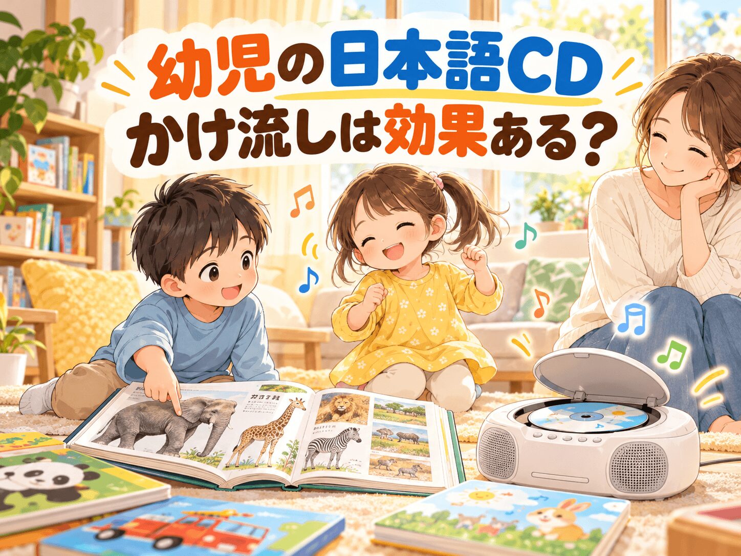 日本語CDを聞きながら図鑑や歌を楽しむ幼児の男の子と女の子
