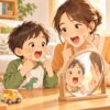 男の子が鏡を見ながら母親と口の動きをまねして発語練習をするイラスト