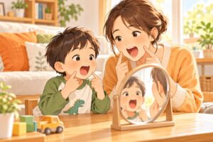 男の子が鏡を見ながら母親と口の動きをまねして発語練習をするイラスト