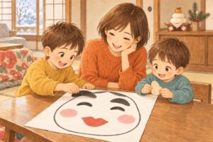 お正月飾りのある部屋で、福笑いの顔を並べて楽しむ母親と子どもたち