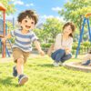 発達支援に役立つ公園遊びを楽しむ男の子と母親のイラスト