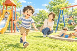 発達支援に役立つ公園遊びを楽しむ男の子と母親のイラスト