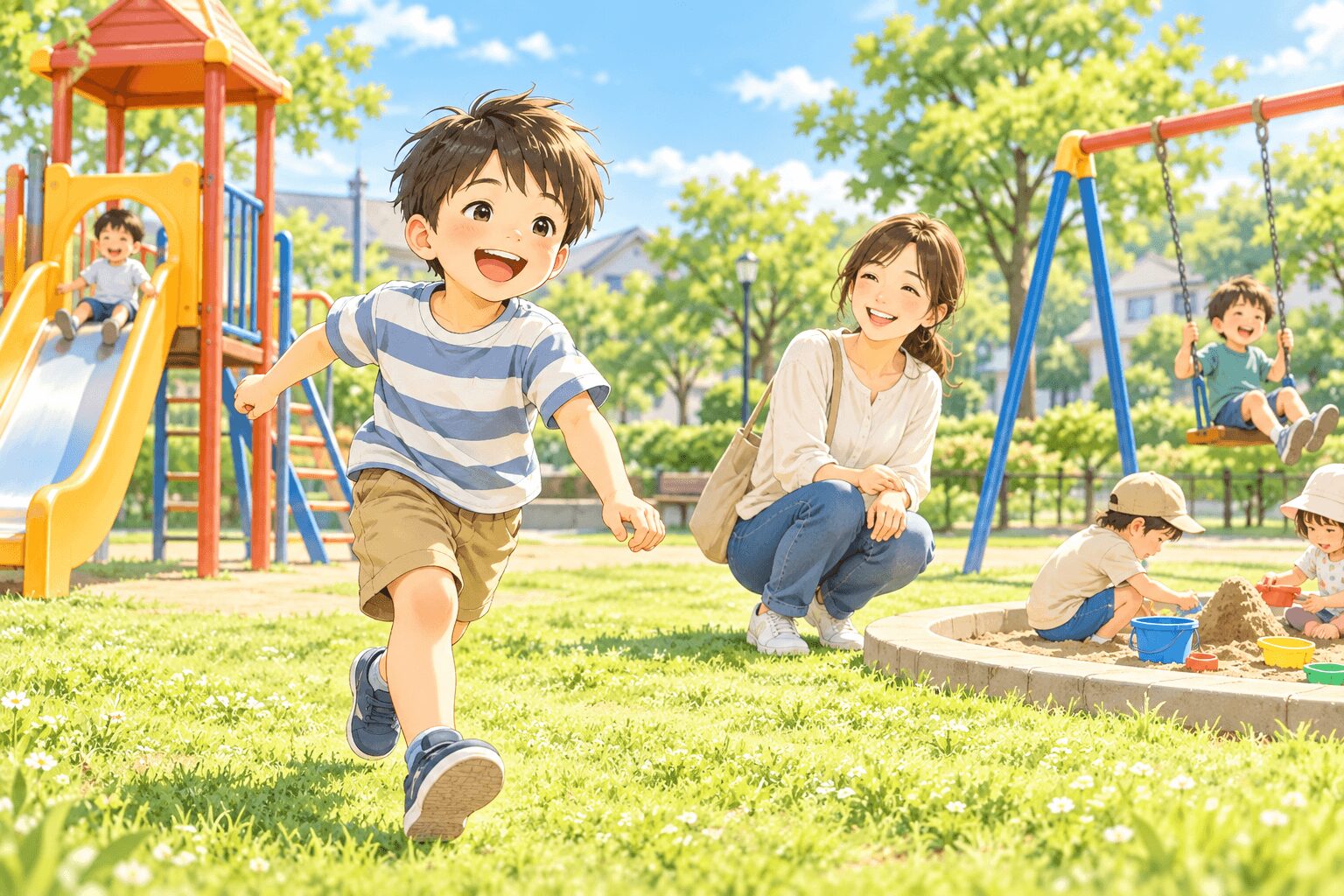 発達支援に役立つ公園遊びを楽しむ男の子と母親のイラスト
