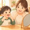 男の子が母親と鏡を見ながらパタカラ体操とあいうべ体操に取り組むイラスト