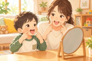 男の子が母親と鏡を見ながらパタカラ体操とあいうべ体操に取り組むイラスト