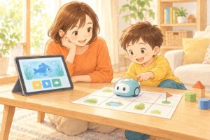 タブレットとロボット玩具を前に、遊び方を選ぶ親子
