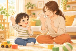 speech-delay-imitation-play-eyecatch.png 言葉が遅い男の子が母親とまねっこ遊びをしながら発語を促すイラスト
