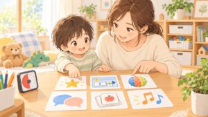 ASDの療育法をABA・TEACCH・感覚統合などから選び組み合わせる親子のイラスト