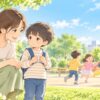 友達の遊びに入りたいけれど戸惑う子どもを母親が見守るイラスト