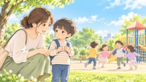 友達の遊びに入りたいけれど戸惑う子どもを母親が見守るイラスト