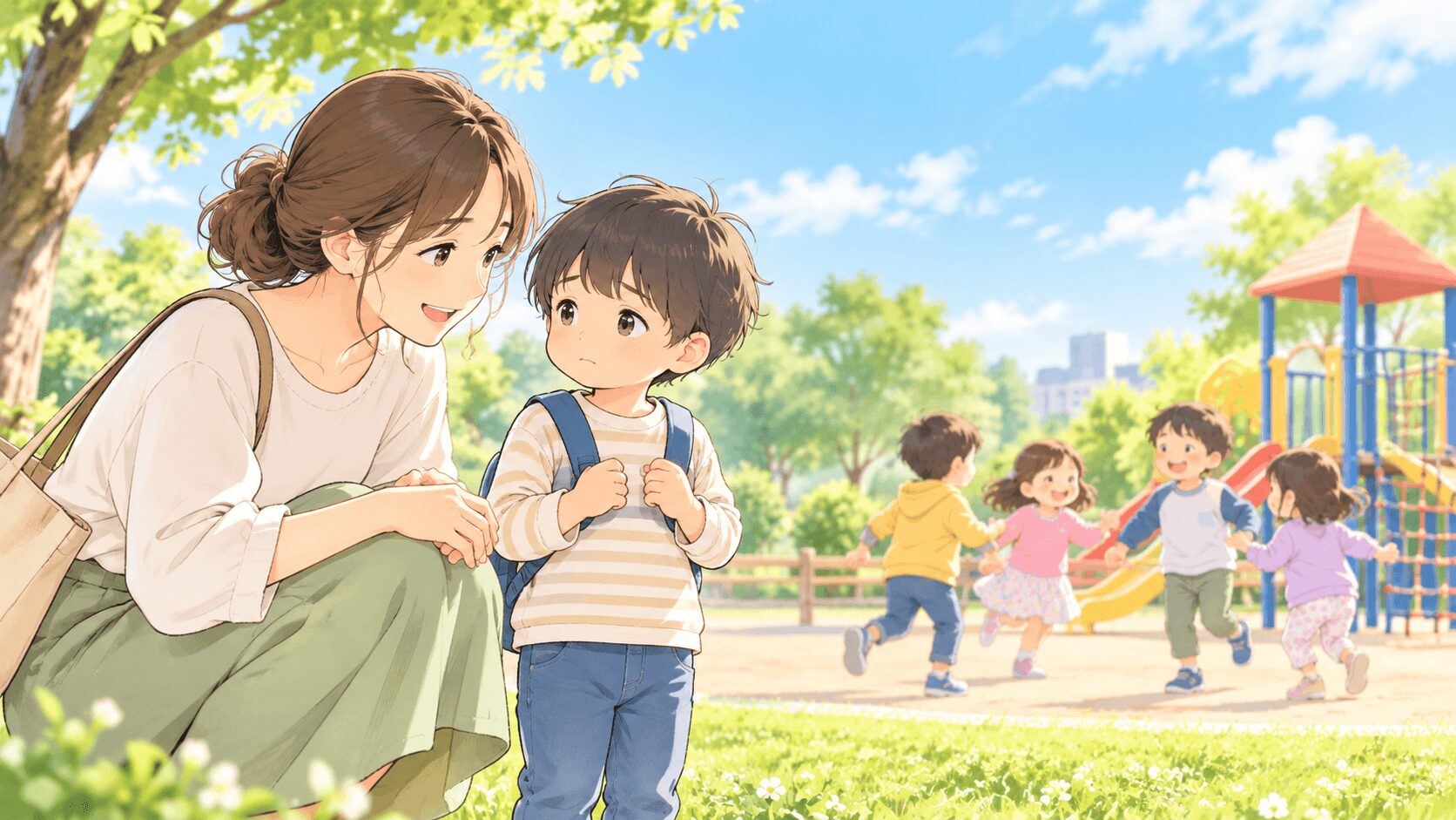 友達の遊びに入りたいけれど戸惑う子どもを母親が見守るイラスト