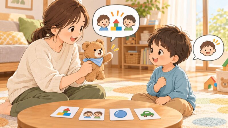 家庭で親子がぬいぐるみを使って遊びに入る会話を練習するイラスト