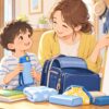 忘れ物が多い子どもと母親が持ち物チェックを一緒にするイラスト