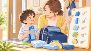 忘れ物が多い子どもと母親が持ち物チェックを一緒にするイラスト
