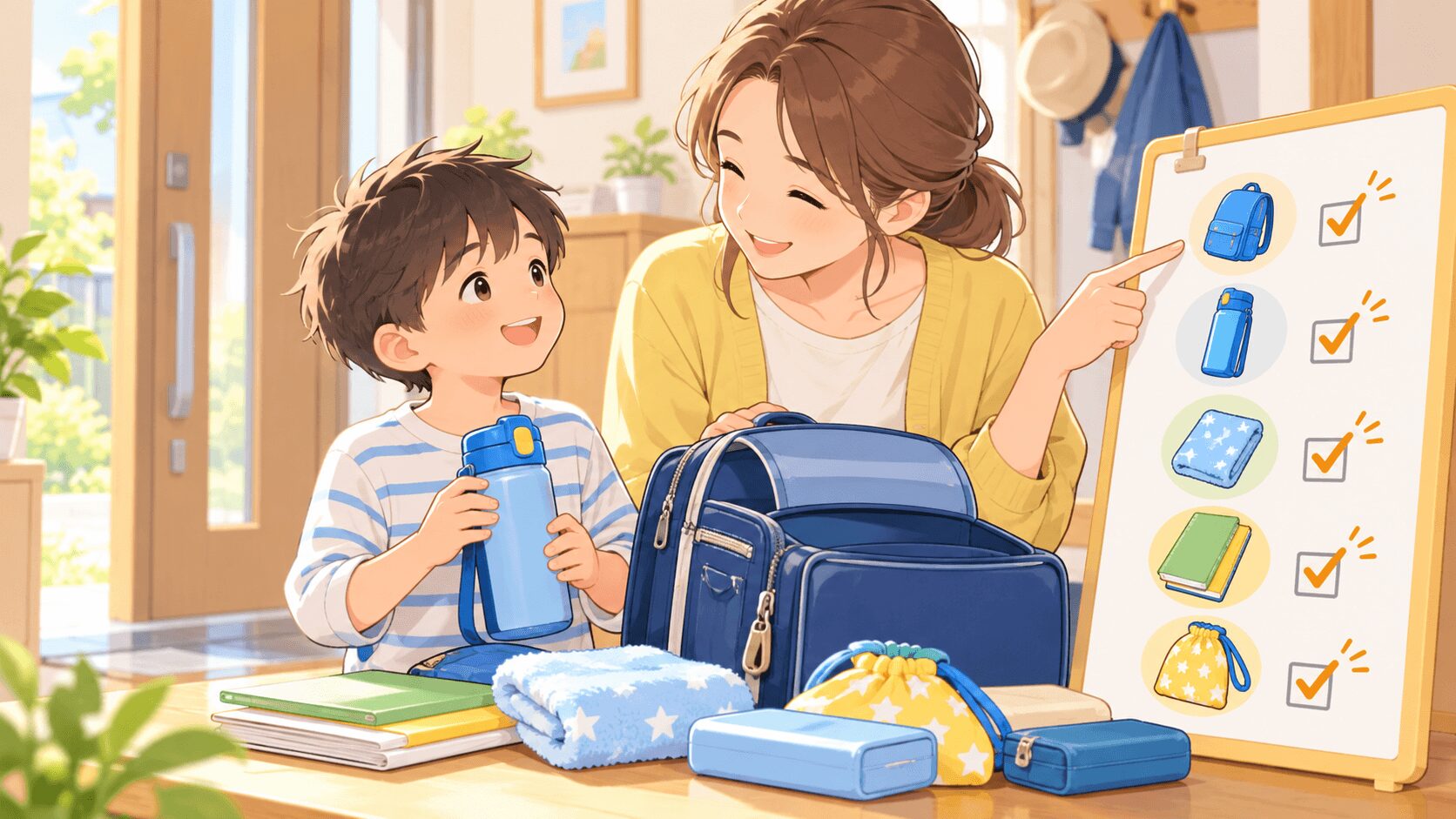 忘れ物が多い子どもと母親が持ち物チェックを一緒にするイラスト