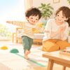 DCDの子どもが家庭で運動と手先の練習に取り組む親子のイラスト