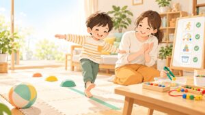 DCDの子どもが家庭で運動と手先の練習に取り組む親子のイラスト