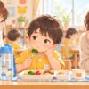 幼稚園で水分をとらず給食を食べない男の子を先生と母親が見守るイラスト
