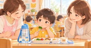 幼稚園で水分をとらず給食を食べない男の子を先生と母親が見守るイラスト