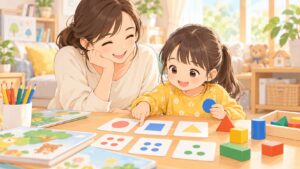 年長の子どもがひらがな・数・図形を家庭で楽しく学ぶ就学前学習のイラスト