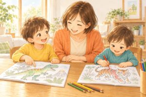 恐竜やトラのぬりえを楽しむ兄弟と、笑顔で見守る母親