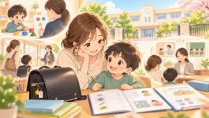 年長の就学準備で発達検査・学校見学・就学相談・入学準備を親子で進めているイラスト