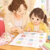 就学前チェックリストを見ながら小学校入学準備をする年長の子どもと母親のイラスト
