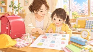 就学前チェックリストを見ながら小学校入学準備をする年長の子どもと母親のイラスト