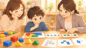WISCのFRI流動性推理について親子が専門家から説明を受けているイラスト