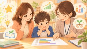 WISCのFSIQ全検査IQについて親子が専門家から説明を受けているイラスト