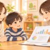 WISC検査について親子が専門家から説明を受けているイラスト