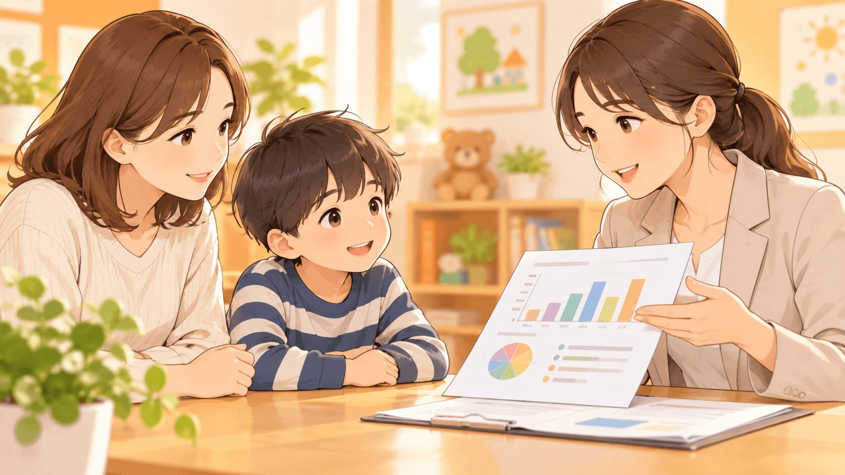 WISC検査について親子が専門家から説明を受けているイラスト
