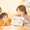 WISC検査の結果を見ながら就学先や支援について相談する親子のイラスト