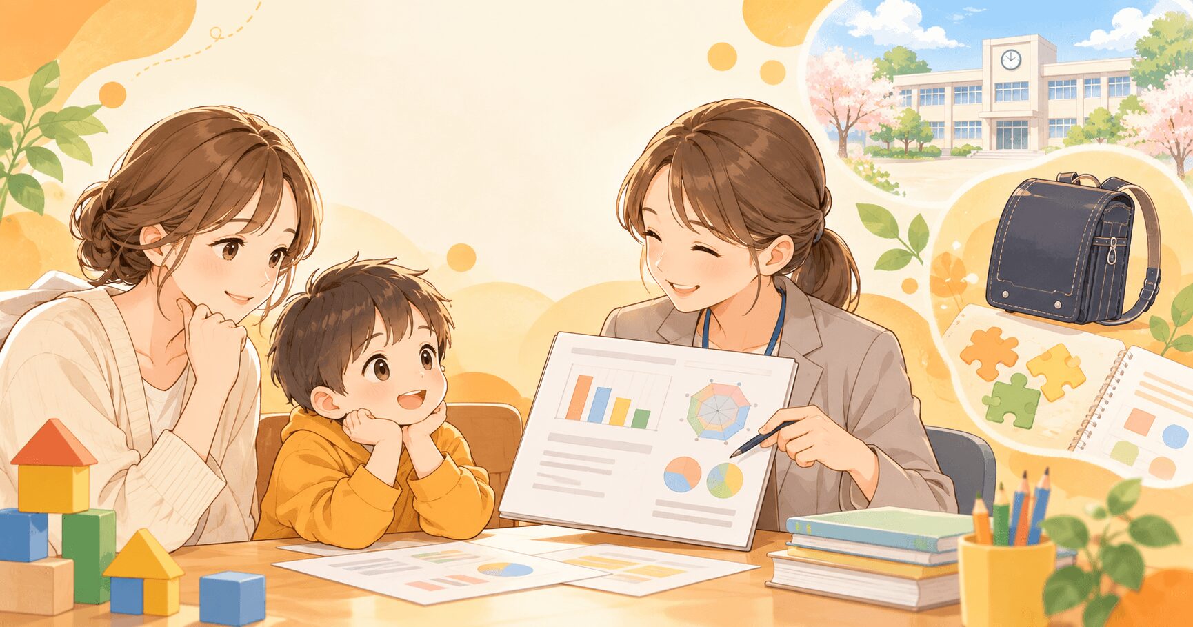 WISC検査の結果を見ながら就学先や支援について相談する親子のイラスト