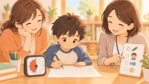 WISCのPSI処理速度について親子が専門家から説明を受けているイラスト