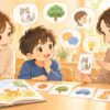 WISCのVCI言語理解について親子が専門家から説明を受けているイラスト