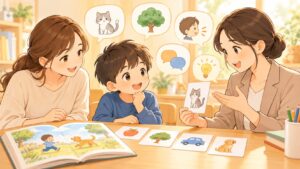 WISCのVCI言語理解について親子が専門家から説明を受けているイラスト