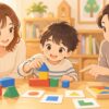 WISCのVSI視空間指標について親子が専門家から説明を受けているイラスト