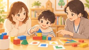WISCのVSI視空間指標について親子が専門家から説明を受けているイラスト